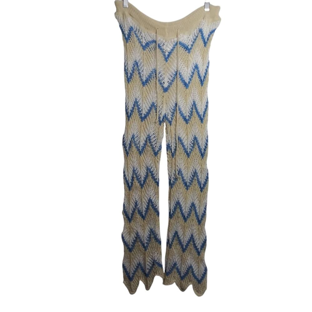 Crochet Cream Blue Open Knit Beach Festival Coverup Pull On Pants Size L